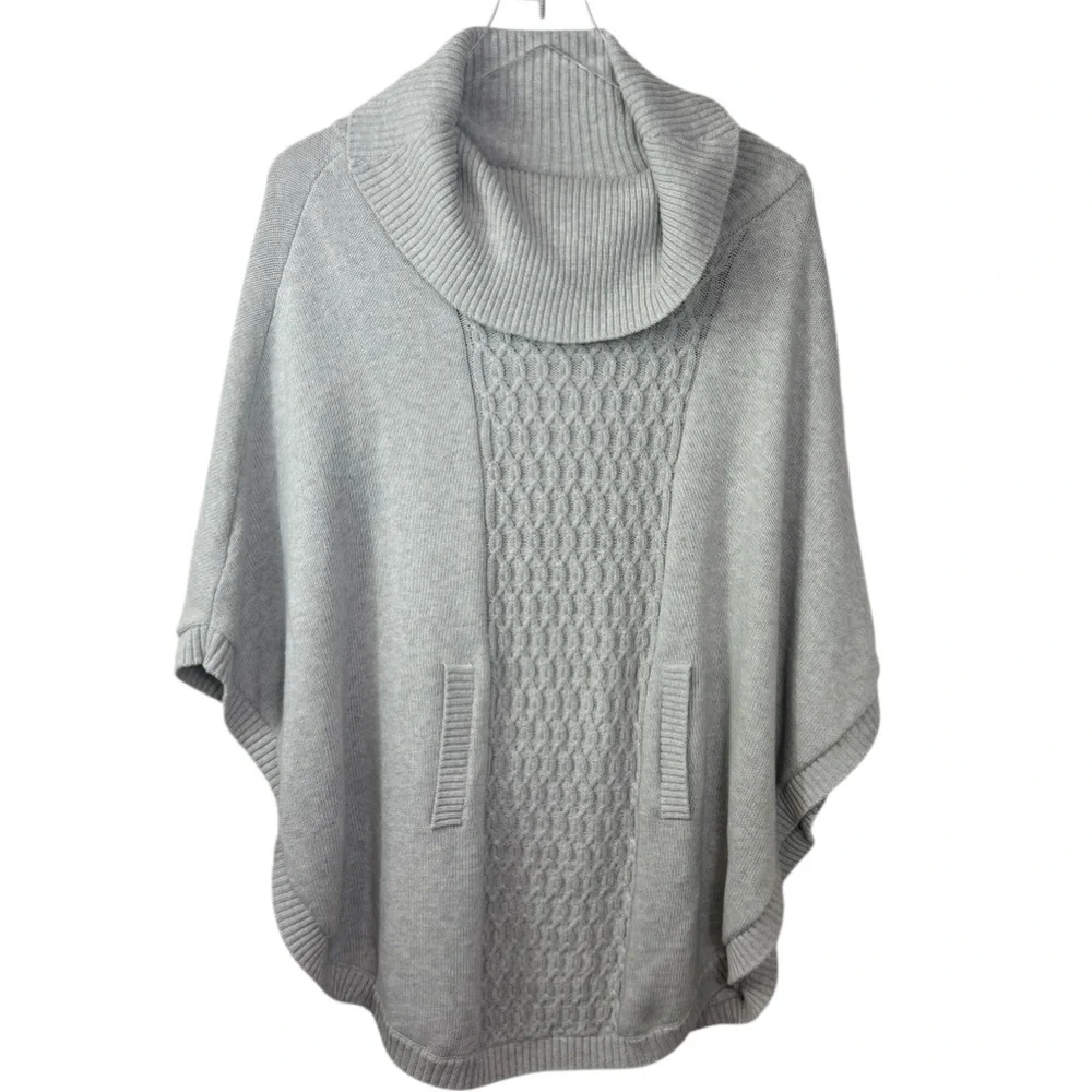 CAbi Cowl Neck Poncho Sweater Cable Knit 3003 Glacier Gray Medium Relaxed Cozy